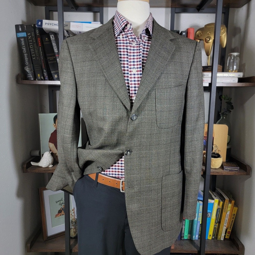 VTG Tommy Hilfiger Mens Sport Coat Blazer Three Button Olive Plaid Sharkskin 42R
